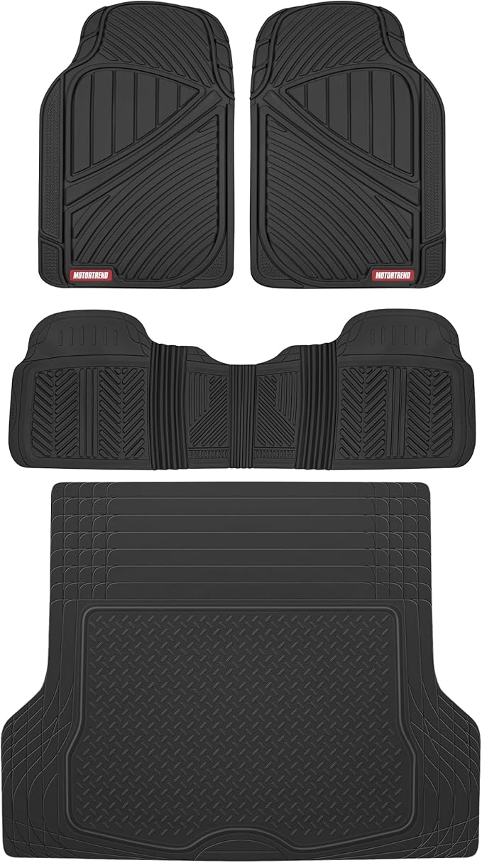 Motor Trend FlexTough™ Baseline Rubber Car Floor Mats with Trunk Mat Cargo Liner, Front & Rear Combo Set fits Most Car SUV Van Coupe Sedan, Heavy Duty All Weather Trim to Fit