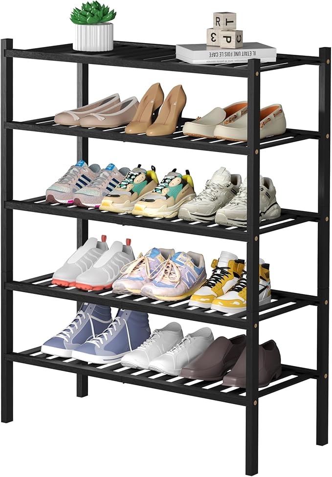 ROMGUAR CRAFT 5 Tier Bamboo Shoe Rack for Closet Free Standing Wood Shoe Shelf for Entryway Small Space Stackable 27"x11"x33"
