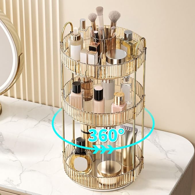 360° Rotating Makeup Organizer, Large-Capacity Skincare Make Up Storage 3 Tier Perfume Organizers Cosmetic Dresser Organizer 
