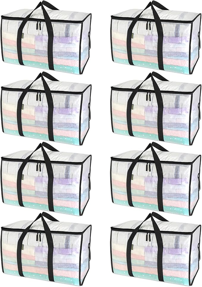 BALEINE 8-Pack Oversized Moving Bags with Reinforced Handles, Heavy-Duty Storage Tote for Clothes, Moving Supplies (Clear, 8-