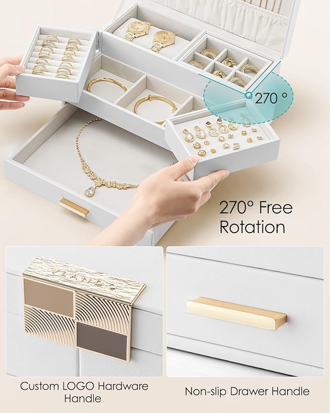 Vlando 3 Layer Jewelry Box - Women Jewelry Box with Retractable Tray - Jewelry Organizers with Drawer for Necklaces, Rings, B