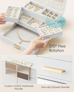 Vlando 3 Layer Jewelry Box - Women Jewelry Box with Retractable Tray - Jewelry Organizers with Drawer for Necklaces, Rings, B