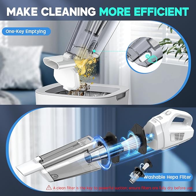 Handheld Vacuum Cordless, 15000PA Strong Suction Hand Held Car Vacuum Cleaner Portable with Multi-Nozzles & Washable Filter, 