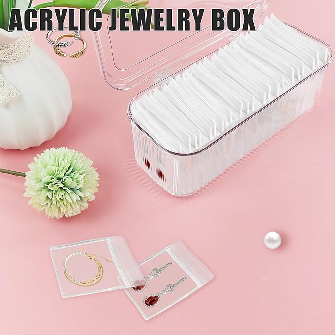 2 Packs Acrylic Jewelry Box with 100pcs PVC Portable Anti Oxidizing Zipper Bags Flip Lid Jewelry Organizer for Earrings Rings