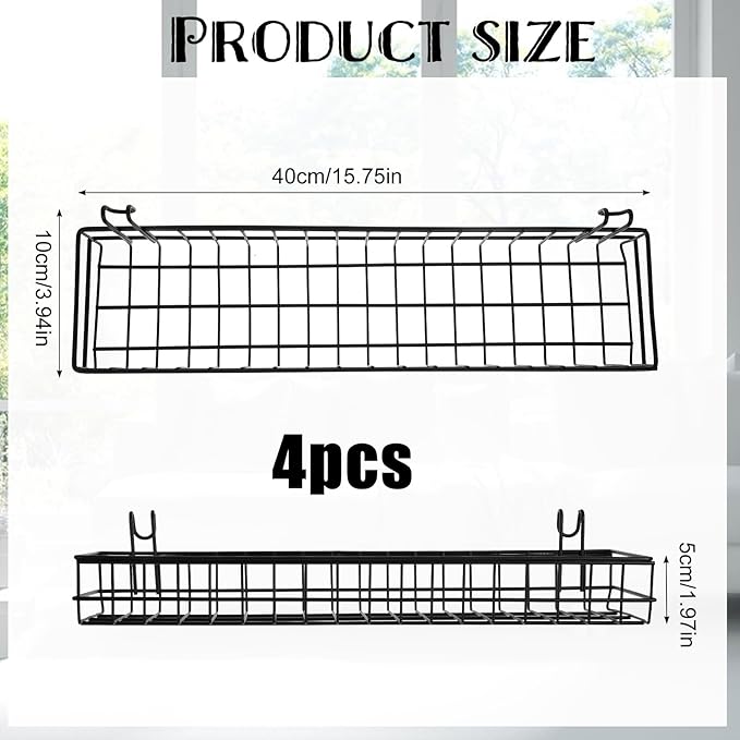 4 Pcs 15.75 x 3.94 x 1.97 Inch Metal Grid Wall Baskets with Hooks Grid Wall Shelves Hanging Wire Basket Multi Function Storag