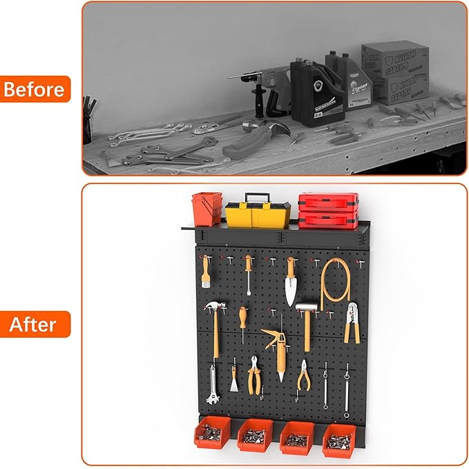 TORACK Garage Metal Pegboard with Accessories, Tools Organizer Peg Board with Pegboard Hooks, Wall Mounted Bins, Tool Storage