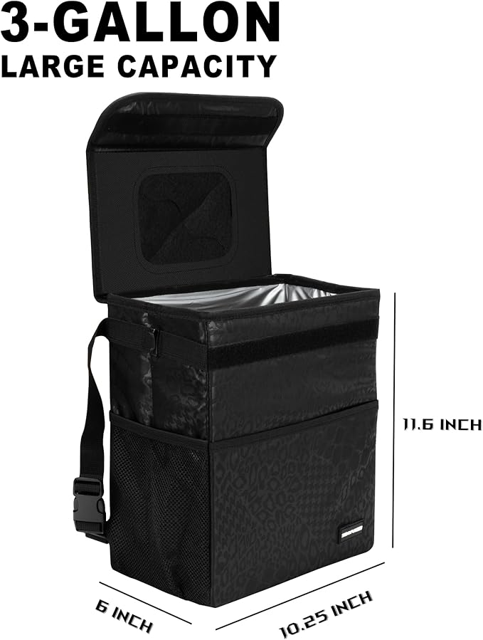 Sturdy 3 Gallon Car Trash Can - Ultra Large Capacity, Leak Proof, Waterproof Car Organizer and Storage with Pockets and Adjustable Straps, Collapsible Interior Car Accessory (Black Leopard)