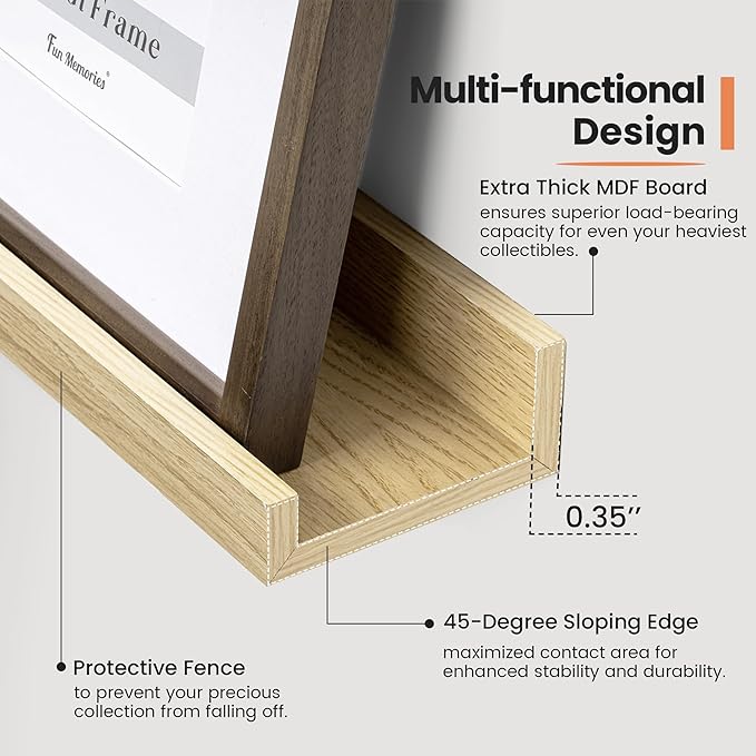 Fun Memories Picture Ledge Shelf, 16 Inch Long Floating Shelves Set of 6, Picture Shelf for Wall with Lip, Large Nursery Book