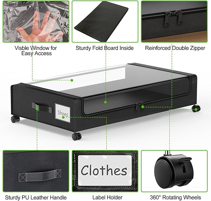 Under Bed Storage with Wheels, 2-Pack Underbed Storage Containers with Clear Lids, Under Bed Shoe Storage Organizer, Rolling 