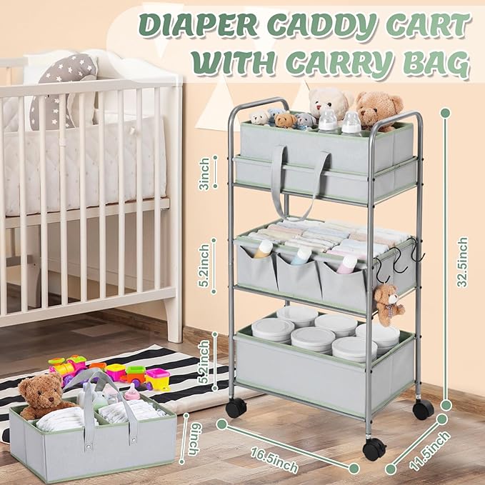 FoldTier 2in1 Colorful Baby Diaper Caddy Organizer Cart 3 Tier Large Capacity Metal Utility Bedside Rolling Cart with Divider