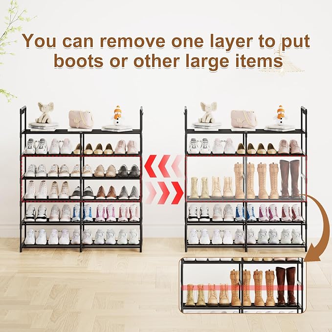 2-Row 6-Tier Stackable Shoe Rack, Black Metal Shoe Shelf with Multifunctional Hooks, Hold 24-30 Pairs, Space Saving Shoes Org