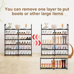 2-Row 6-Tier Stackable Shoe Rack, Black Metal Shoe Shelf with Multifunctional Hooks, Hold 24-30 Pairs, Space Saving Shoes Org