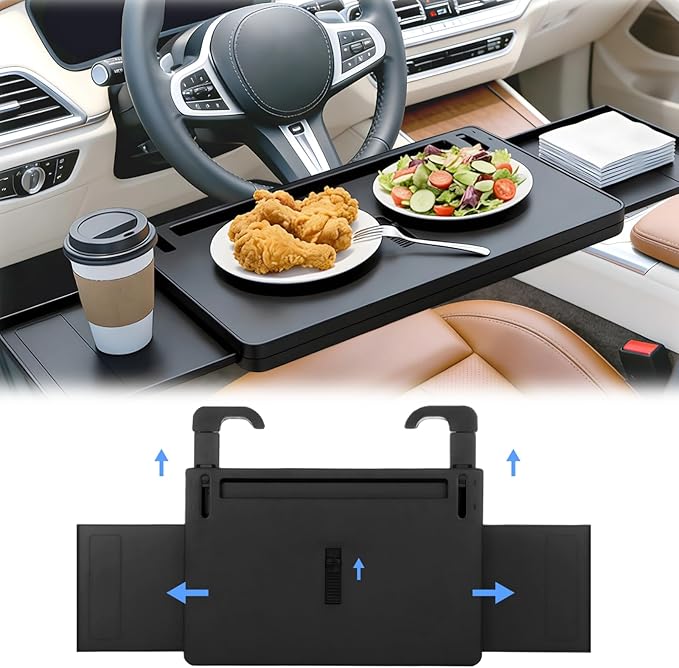 Adjustable Car Steering Wheel Tray, Expandable Car Desk with Rotatable Clip for Laptop & Food, Multipurpose Portable Table for Eating, Working, Gaming