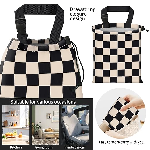 Car Trash Bag Large Hanging Can for Back of Seat, Cute Waterproof Car Garbage Bag for Vehicle, Travelling, Outdoor Cute Black Beige Plaid
