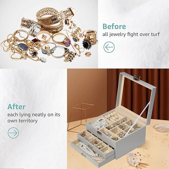 BOOVO Clear Lid Jewelry Box,3 Layers Jewelry Organizer Large Multi-Functional Jewelry Storage Box with 2 Drawers,Jewelry Disp