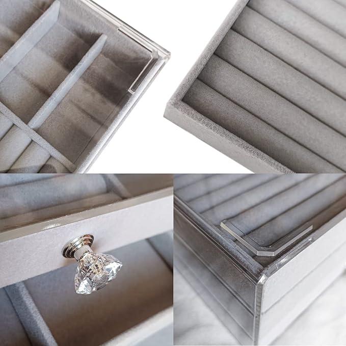 Clear Acrylic Velvet Jewelry Organizer with 3 Drawers, Stackable Display Storage Earrings Necklace Rings Bracelets Box Holder