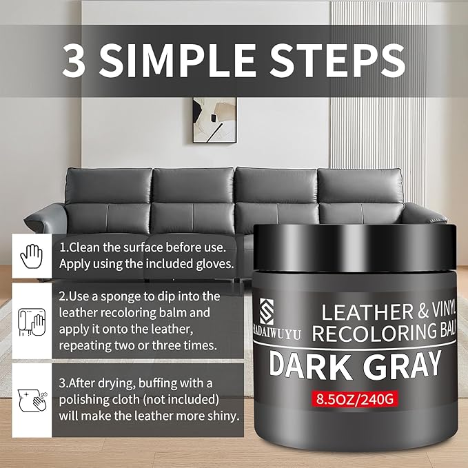 Leather Recoloring Balm,8.5oz Leather Color Restorer,Dark Gray Leather Repair kit for Furniture and Car Interior,Leather Couc