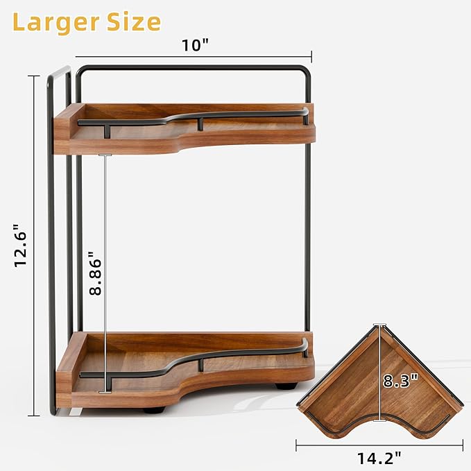 2-Tier Corner Bathroom Counter Organizer with Embedded Screw Holes, Secure & Stable Wood Vanity Shelf for Makeup and Skincare