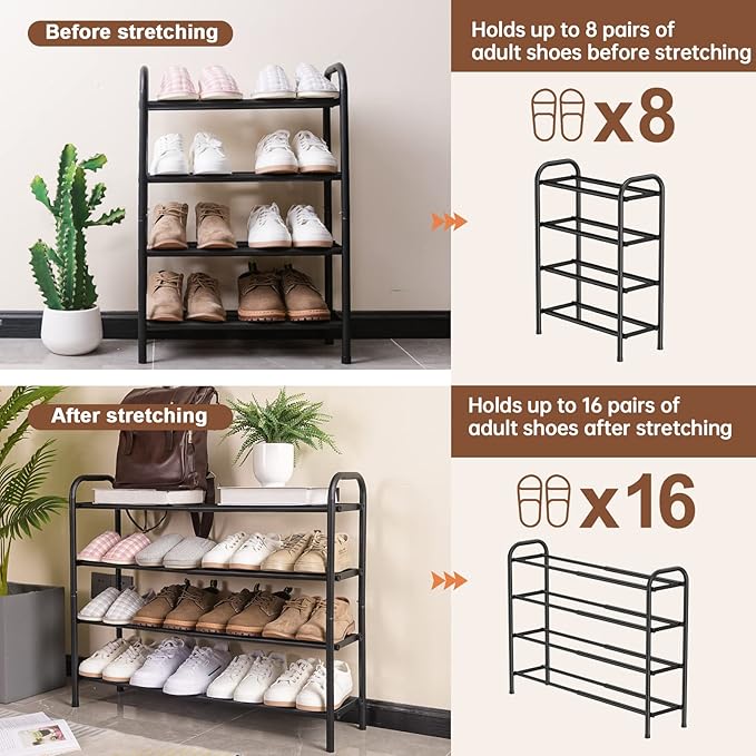 Gonfoam 4-Tier Expandable Shoe Rack,Adjustable Shoe Shelf Storage Organizer Heavy Duty Metal Free Standing Shoe Rack for Entr