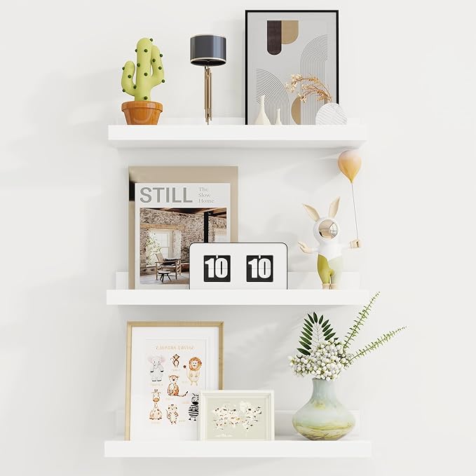 Axeman Picture Ledge Shelf | 16 Inch White Floating Shelves Set of 3 | Rustic Wood Wall Shelves with Lip | 16" White Picture 