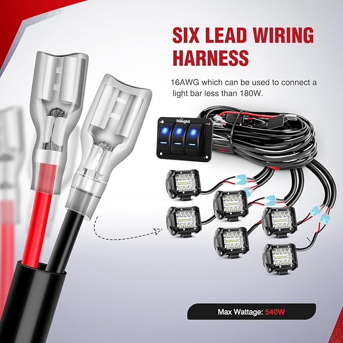 Nilight 16AWG LED Light Bar Wiring Harness Kit 12V On/Off 3 Gang LED Pod Lights Rocker Switch Panel Power Relay Fuse 5Pin Toggle for Cars Boat ATV Trucks-6 Leads