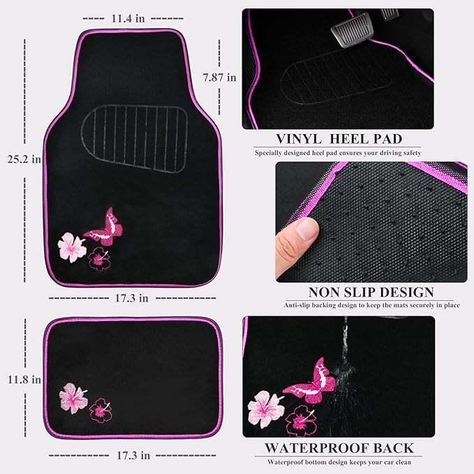 CAR PASS Universal Cloth Butterfly Car Seat Covers Full Set, Embroidered Flower Waterproof Car Floor Mats Carpet, Butterflies