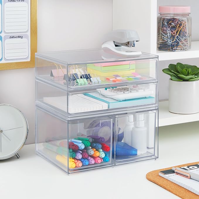 STORi Chloe Space-Saving Clear Drawer Organizer (4 Drawer Set) Sort Office, Kitchen, Beauty Supplies, Makeup, Pens, Jewelry, 