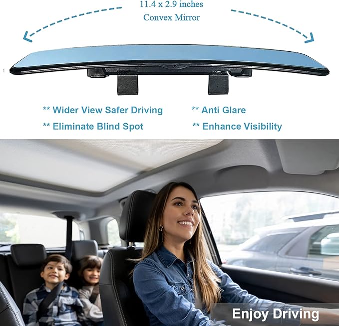 Universal 11.4 Inch Clip On Rearview Mirror - Anti Glare, Wide Angle - Convex - Blue Tint (Bonus 2 PCS Blind Spot Mirrors)