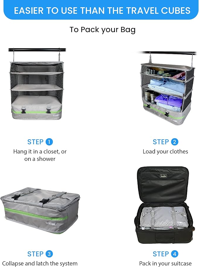 Grand Fusion Stow-N-Go Packing Organizer for Luggage, Portable Hanging Travel Shelves, Carry-On Closet, Hanging Packing Cubes