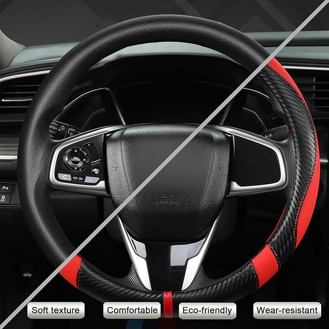 West Llama Carbon Fiber Car Steering Wheel Cover for Honda,Anti-Slip, Full Surround Breathable Leather Auto Protector(Black+R