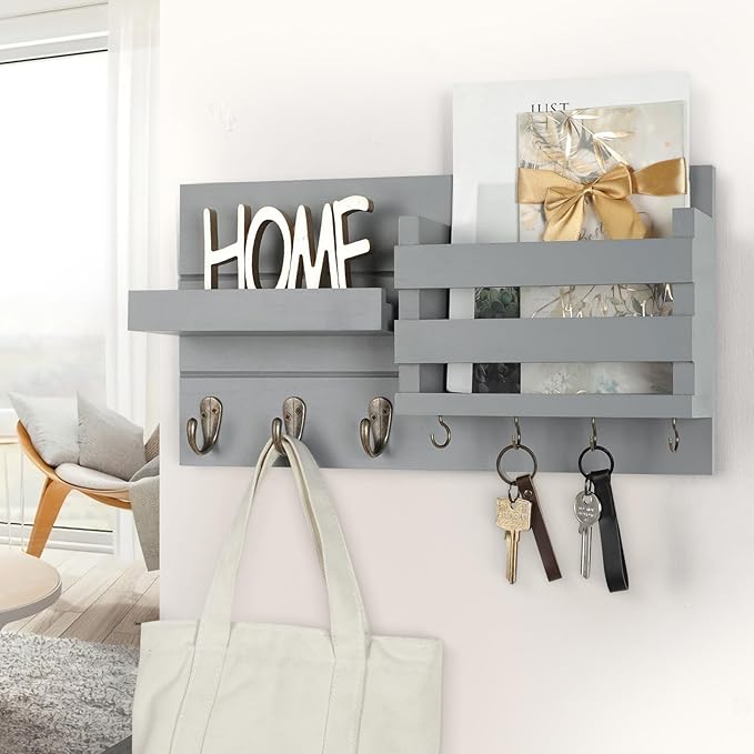 Lwenki Mail Organizer for Wall Mount – Key Holder with Shelf Includes Letter Holder and Hooks for Coats, Dog Leashes – Rustic