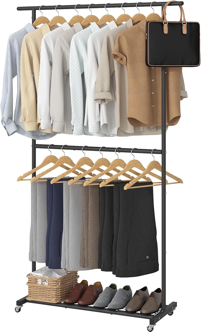 Sywhitta Double Rod Clothing Garment Rack, Rolling Coat Hanger with Bottom Mesh, Clothing Rack for Hanging Clothes, Coats, Sk