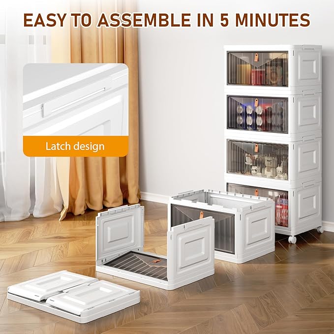 4 Tier Storage Bins with Lids, 23QT Stackable Closet Organizers and Storage with Wheels, Collapsible Storage Boxes, Foldable 