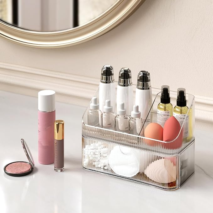Medicine Cabinet Organizer 2 Tier, Stackable Bathroom Mirror Cabinet Storage，Small Makeup Organizers with 1 Drawer and 1 Tray