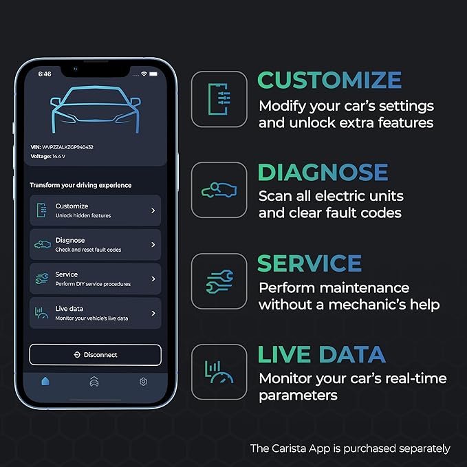 Carista EVO - Bluetooth OBD2 Scanner - Car Diagnostic Tool & Code Reader with Access to Diagnostics, Customizations, Service