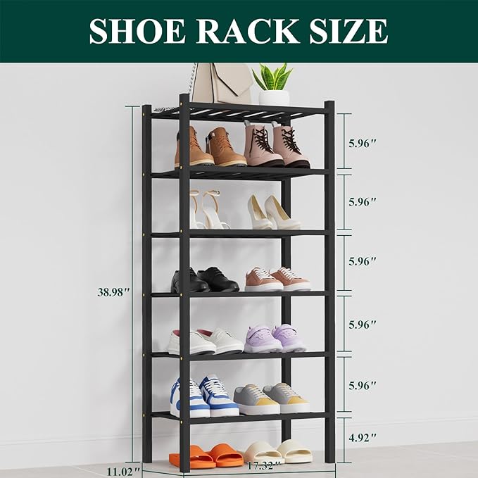 Smiry Shoe Rack, 6 Tier Thick Small Bamboo Shoe Organizer, Stackable Free Standing Wooden Shoe Storage Shelf for Closet, Entr