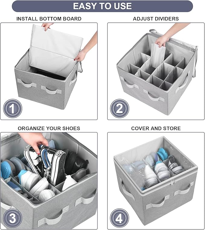 Moteph Shoe Organizer Closet Storage Solution with Clear Cover & Adjustable Dividers for Shoes, Handbags, Blankets, Linen, Cl
