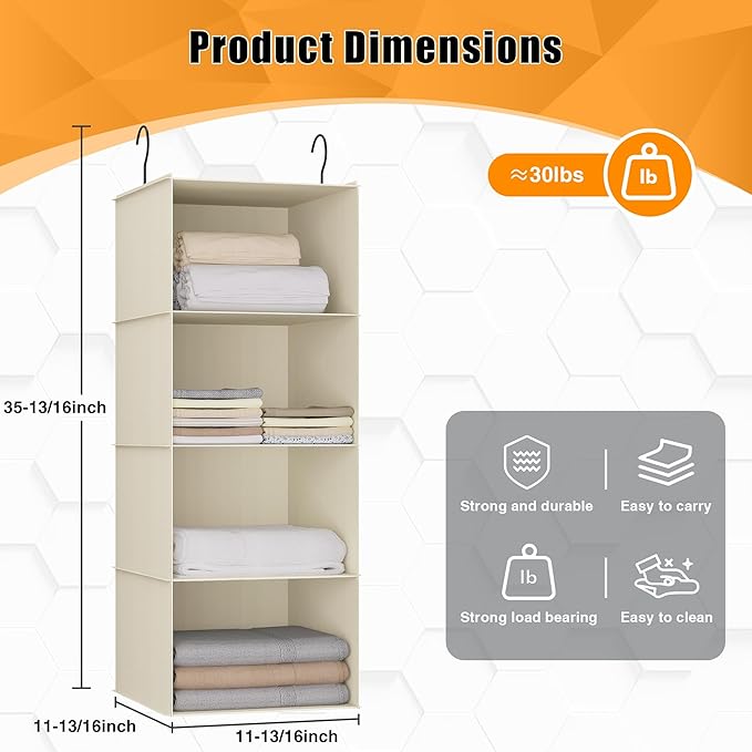 Hanging Closet Organizer, Easy Mount Foldable 4-Shelf Hanging Closet Wardrobe Storage Shelves, Clothes Handbag Shoes Accessor