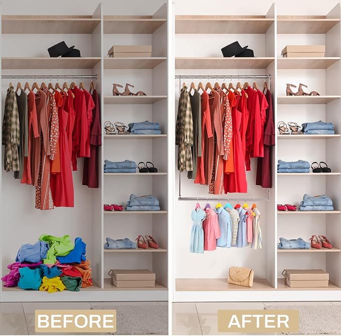 2 Pack Closet Rod Extender Adjustable 16-29 Inches, Double Hanging Organizer Extension for Clothes, Hook-on Storage Bar Adds 