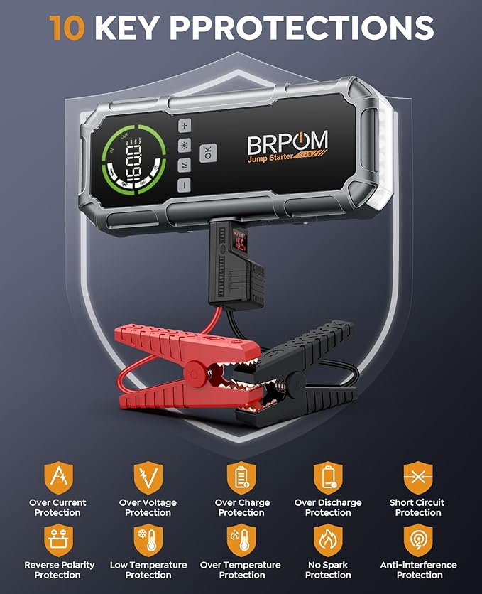 Jump Starter with Air Compressor, BRPOM 8000A Portable Car Jump Starter (All Petrol/12L Diesel), 160PSI 12V Battery Jump