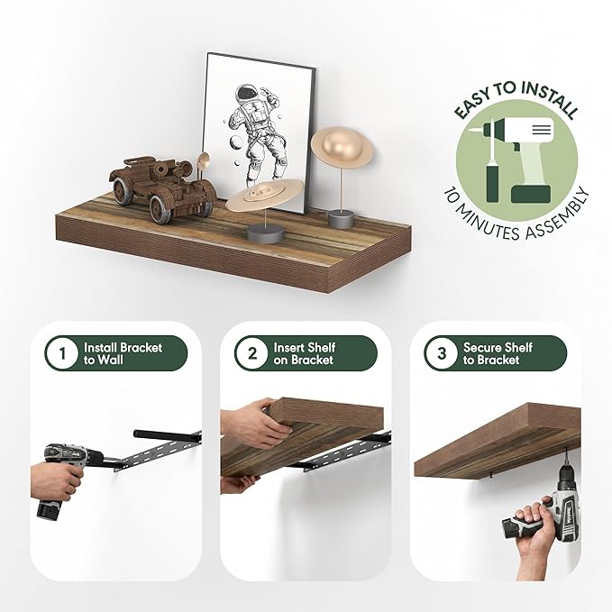 Furinno TANNA Floating Shelves for Wall Set of 2, 12 x 24 Wall Shelf, Wall Mounted Floating Shelf with Invisible Bracket, 2-i