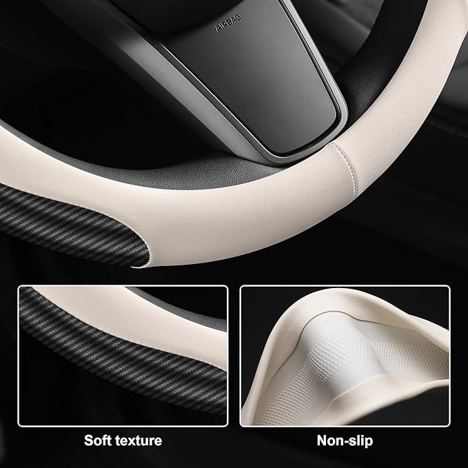 Nappa Leather car Steering Wheel Cover,Carbon Fiber Sports car Interior Non-Slip Ultrathin 15 inches Universal (White)