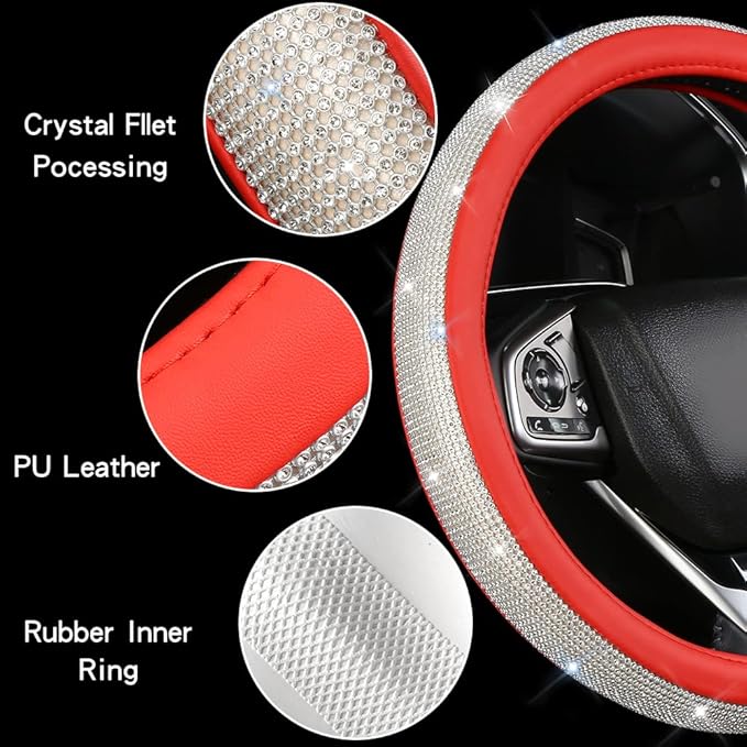 Bling Diamond Leather Steering Wheel Cover for Women Girls with Crystal Rhinestones, Universal Fit 14.5-15 Inch Car Steering Wheel Cover Accessories