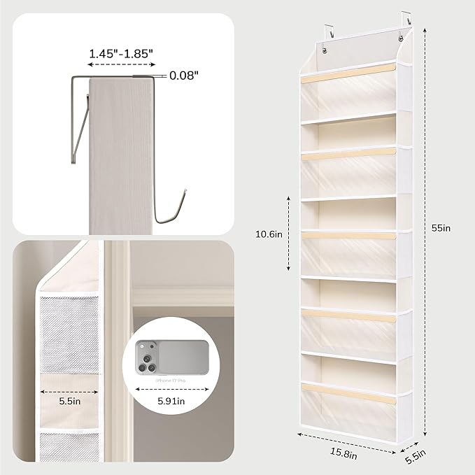 Ultra-Thin 5 Tiers Over the Door Organizer Hanging with 10 Side Pocket for Narrow Gaps,44lbs Behind the Door Storage Closet B
