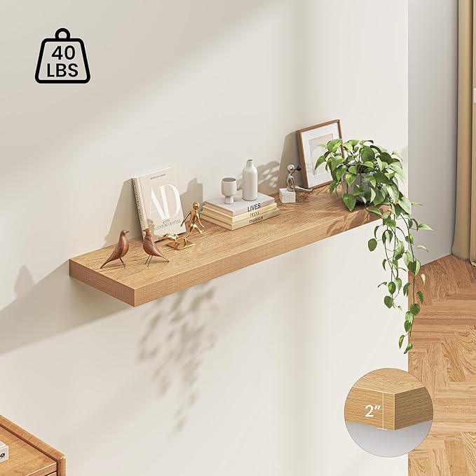 Dreamland 55" Floating Shelves for Wall, 12" Deep Thicker Oak Floating Shelves, Wall-Mounted Shelves for Bedroom, Living Room