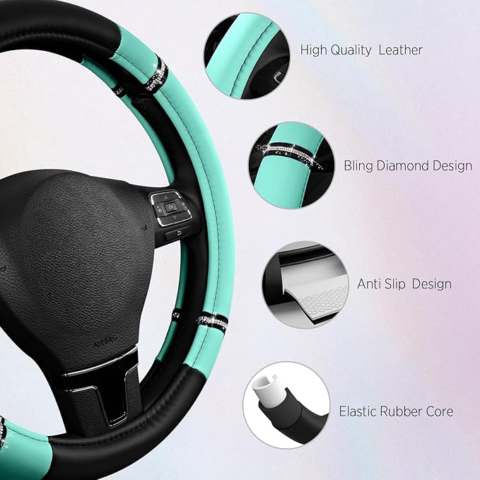 Road Comfort Leather Steering Wheel Cover – Premium Anti-Slip Car Steering Wheel Grip Cover – Universal Fit for 14.5”–15.5” C