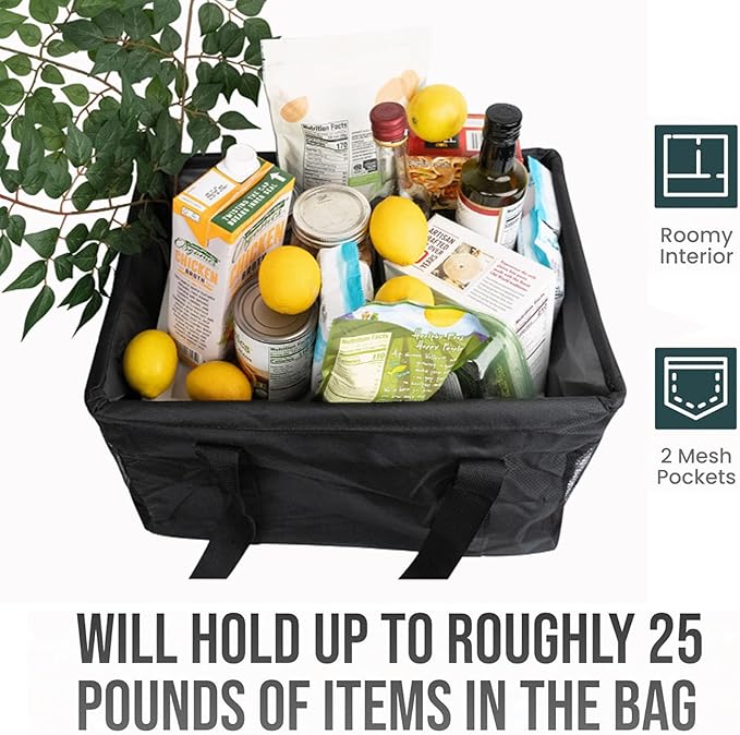 Extra Large Utility Tote Bag - Oversized Collapsible Tote with Wire Frame, Durable Reusable for Beach, Groceries, Laundry, Car Trunk, Storage and Travel - Includes 5x7 Bag with Hook - Black