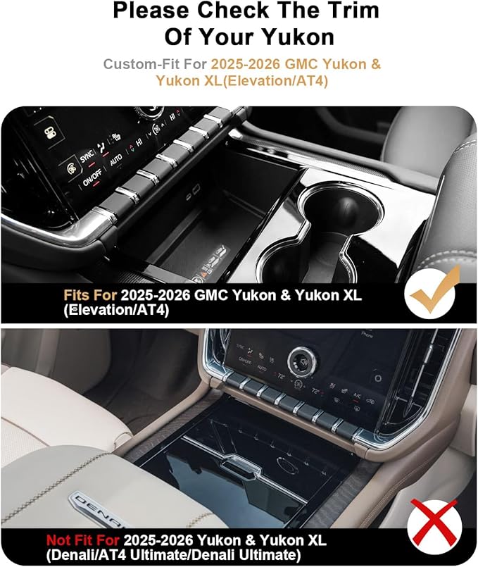 ECOZEN 2026 GMC Yukon Center Console Organizer - Double-Layer TPE For 2025-2026 Yukon/Yukon XL Console Storage Tray Compatible with 2025-2026 Yukon XL(Elevation/AT4) Accessories - Not For Denali