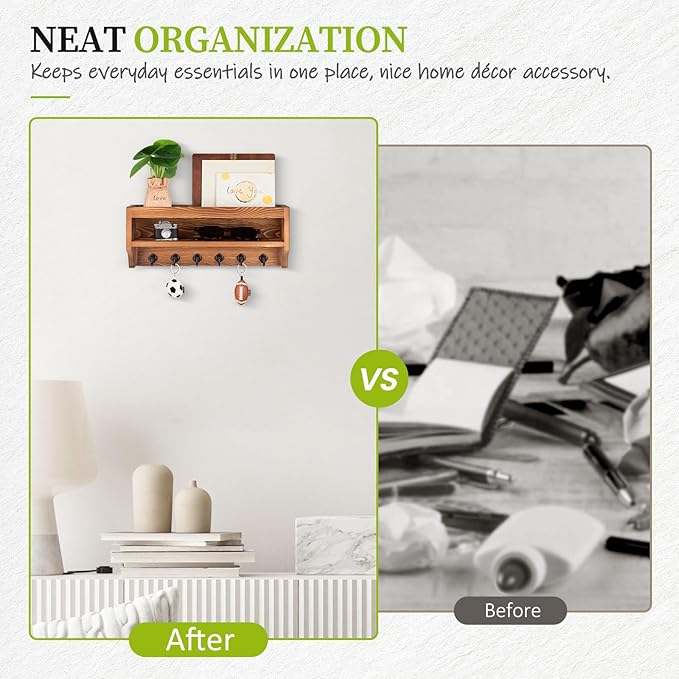Nekon Key Holder Wall Mount, 12.8" W x 5.6" H x 3.7" D Wall Mounted Key and Mail Organizer with 6 Key Hooks, Key Racks for Ho