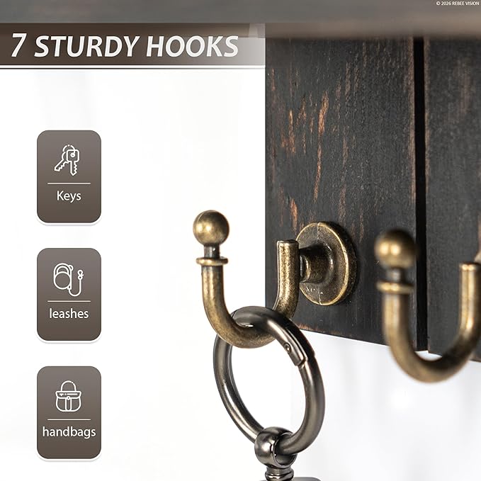 Rebee Vision Farmhouse Key Holder Wall Mount for Home Decor- Rustic Wooden Key Holder for Wall with Floating Shelf & 7 Sturdy